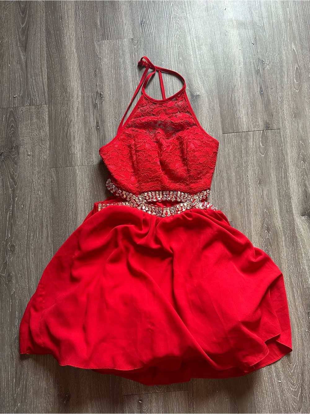 B. Darlin Red Lace Halter Dress with Jeweled Accent